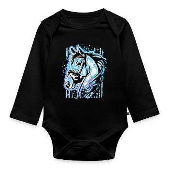 Blue Horse - Cheval Tête Dessin Chevaux Peinture - Body Bébé bio manches longues - noir - Devant