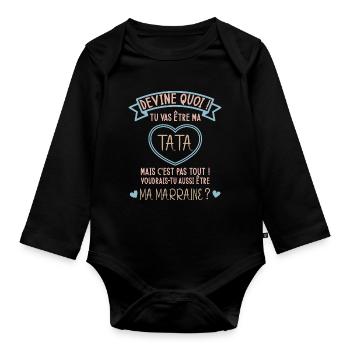 Devine quoi ! Tata voudrais-tu être ma marraine ? - Body Bébé bio manches longues - noir - Devant