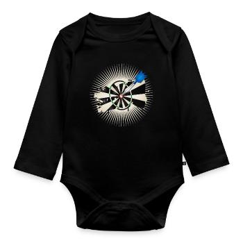 strahlende Dartscheibe mit blauen Dartpfeil - Baby Bio-Langarm-Body - Schwarz - Vorne