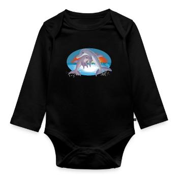 Illustration de couple de dauphins joyeux - Body Bébé bio manches longues - noir - Devant