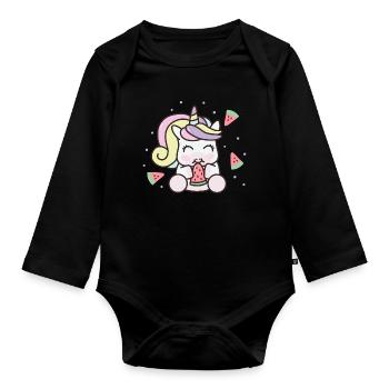 Pastèque Kawaii Licorne Fruits d’été Melons - Body Bébé bio manches longues - noir - Devant