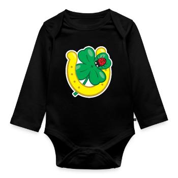 Lucky charm with cloverleaf horseshoe & ladybug - Organic Longsleeve Baby Bodysuit - black - Front