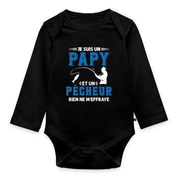 Papy Pêcheur Humour Fête des Grands Pères Noël - Body Bébé bio manches longues - noir - Devant