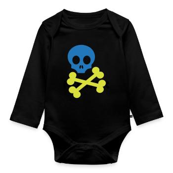 Neon Blue Skull and Crossbones - Organic Longsleeve Baby Bodysuit - black - Front