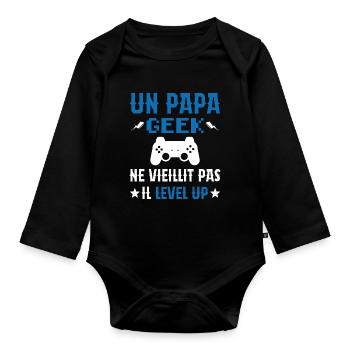 Un Papa Geek Ne Vieillit Pas Il Level Up - Body Bébé bio manches longues - noir - Devant