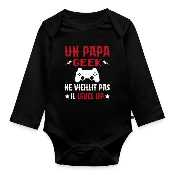 Un Papa Geek Ne Vieillit Pas Il Level Up - Body Bébé bio manches longues - noir - Devant