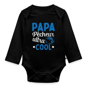 Cadeau Papa pêcheur cadeau fête des pères - Body Bébé bio manches longues - noir - Devant