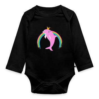 Regenbogen Delfin goldene Krone Rosa - Baby Bio-Langarm-Body - Schwarz - Vorne