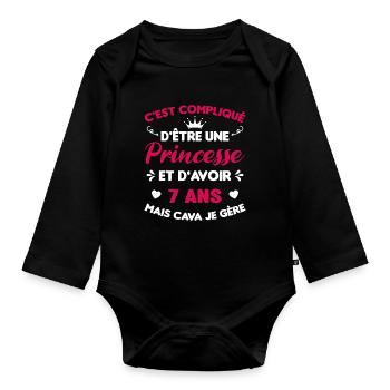 Je Suis Une Princesse Et J'ai 7 Ans Cadeau Humour - Body Bébé bio manches longues - noir - Devant