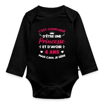 Je Suis Une Princesse Et J'ai 4 Ans Cadeau Humour - Body Bébé bio manches longues - noir - Devant