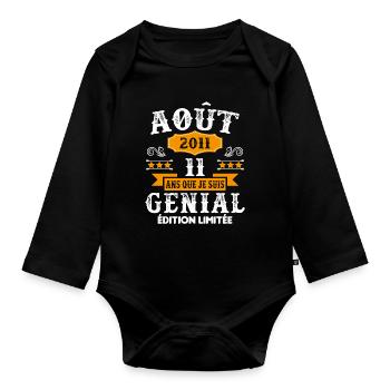11 Ans Anniversaire Vintage Né(e) en Août 2011 - Body Bébé bio manches longues - noir - Devant