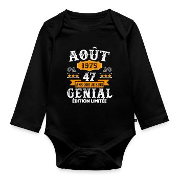 47 Ans Anniversaire Vintage Né(e) en Août 1975 - Body Bébé bio manches longues - noir - Devant
