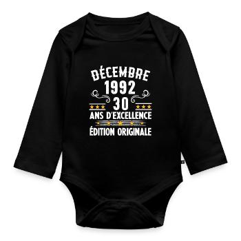 30 Ans Anniversaire Vintage Né(e) en Décembre 1992 - Body Bébé bio manches longues - noir - Devant