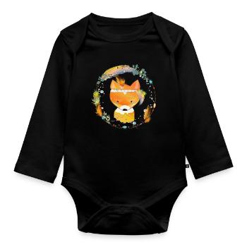 kleiner Fuchs mit Federschmuck im Ethno Rahmen - Baby Bio-Langarm-Body - Schwarz - Vorne
