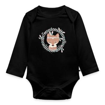 kleiner Fuchs mit Federschmuck im Ethno Rahmen - Baby Bio-Langarm-Body - Schwarz - Vorne