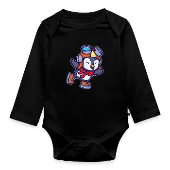 Kalt Cool Süß Vogel Pinguin Tier Eislaufen Eis - Baby Bio-Langarm-Body - Schwarz - Vorne