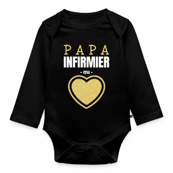 Papa Infirmier au Cœur d'Or - Body Bébé bio manches longues - noir - Devant