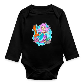 Mädchen 1 Jahre alt 1. Geburtstag Meerjungfrau - Baby Bio-Langarm-Body - Schwarz - Vorne