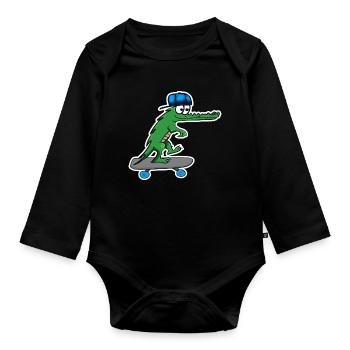 Crocodile with skateboard and cap - Organic Longsleeve Baby Bodysuit - black - Front