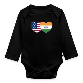 USA India Flag Heart - Organic Longsleeve Baby Bodysuit - black - Front