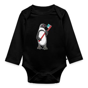Penguin Toothbrush - Organic Longsleeve Baby Bodysuit - black - Front