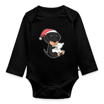 Dachshund dog Christmas sleep tired - Organic Longsleeve Baby Bodysuit - black - Front