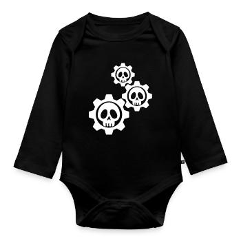 White skulls and gears - Organic Longsleeve Baby Bodysuit - black - Front