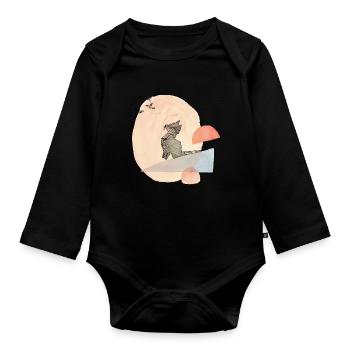Illustration de l’origami du chat et des oiseaux - Body Bébé bio manches longues - noir - Devant