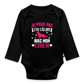 je peux pas j'ai câlins avec mon chien humour - Body Bébé bio manches longues - noir - Devant