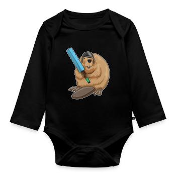 Biber Cricket Cricketschläger - Baby Bio-Langarm-Body - Schwarz - Vorne