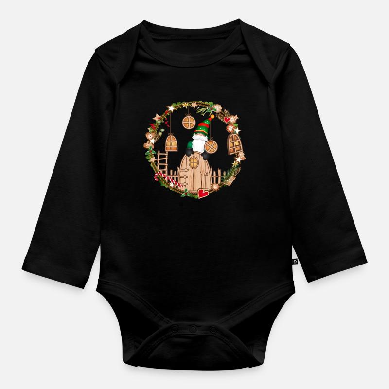 Porte gnome dans le cadre avec des elfes pour Noël - Body Bébé bio manches longues - noir