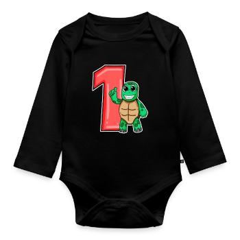 1 year old - school enrolment - turtle motif - Organic Longsleeve Baby Bodysuit - black - Front