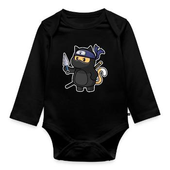 Humor Cute Cat Kawaii Chibi as Ninja Cat - Organic Longsleeve Baby Bodysuit - black - Front