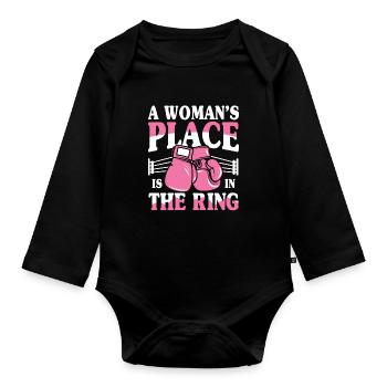 A Woman's Place Is In The Ring - Baby Bio-Langarm-Body - Schwarz - Vorne