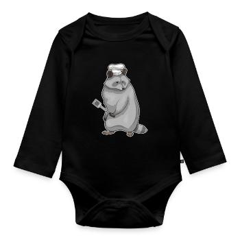 Waschbär Koch Pfannenwender Kochen - Baby Bio-Langarm-Body - Schwarz - Vorne