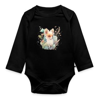 Renard Aquarelle Fleurs - Body Bébé bio manches longues - noir - Devant
