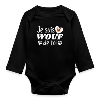 je suis wouf de toi pug - Body Bébé bio manches longues - noir - Devant