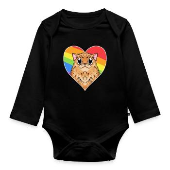 Regenbogen - Katze mit Herz - Baby Bio-Langarm-Body - Schwarz - Vorne