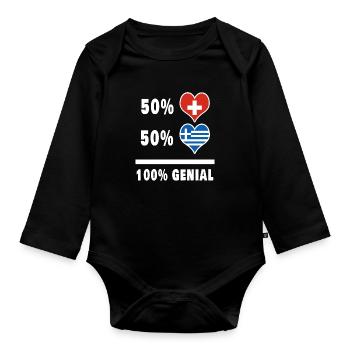 Griechenland und Schweiz 100% Genial Flagge - Baby Bio-Langarm-Body - Schwarz - Vorne