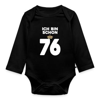 76. Geburtstag Geschenk - 76 Jahre mit Krone - Baby Bio-Langarm-Body - Schwarz - Vorne