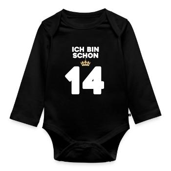 14. Geburtstag Geschenk - 14 Jahre mit Krone - Baby Bio-Langarm-Body - Schwarz - Vorne