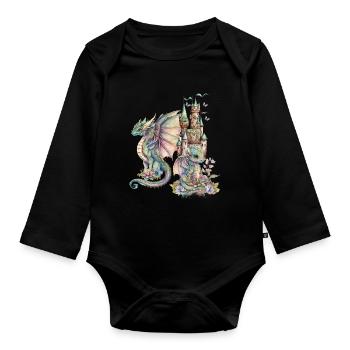 Fantasie-Drachen mit Märchenschloss - Baby Bio-Langarm-Body - Schwarz - Vorne