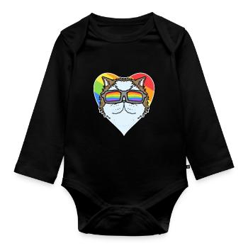 Regenbogen - Katze Perserkatze mit Brille und Herz - Baby Bio-Langarm-Body - Schwarz - Vorne