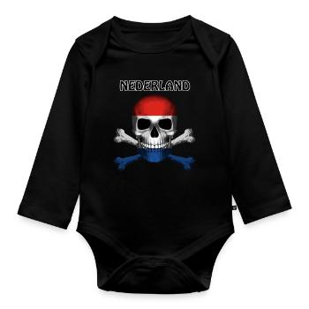 Skull Jolly Roger Pirate Flag Nederland R6Z - Organic Longsleeve Baby Bodysuit - black - Front