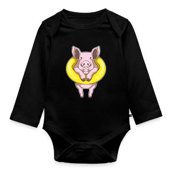 Schwein Schwimmen Schwimmring Sommer - Baby Bio-Langarm-Body - Schwarz - Vorne