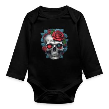 Skull with roses - Organic Longsleeve Baby Bodysuit - black - Front