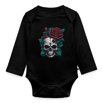Skull with roses - Organic Longsleeve Baby Bodysuit - black - Front