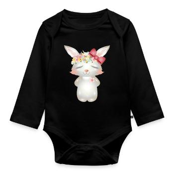 niedlicher weißer Hase mit Blumen und Schleife - Baby Bio-Langarm-Body - Schwarz - Vorne