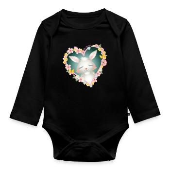Rêves de lapin blanc mignons dans le cœur de fleur - Body Bébé bio manches longues - noir - Devant
