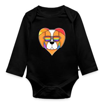 Rainbow - Dog Spaniel Breton with glasses - Organic Longsleeve Baby Bodysuit - black - Front